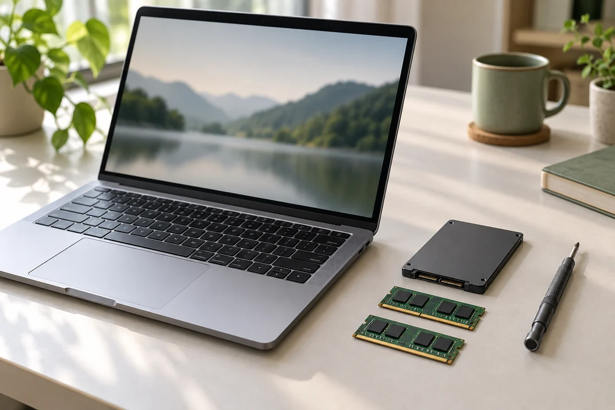 Ilustrasi foto laptop dengan SSD dan modul RAM untuk panduan naik taraf