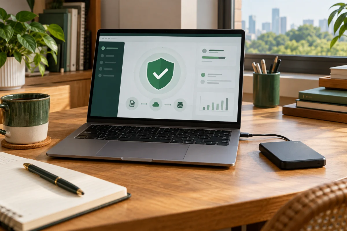 Visual janaan AI laptop dengan antara muka keselamatan ilustrasi