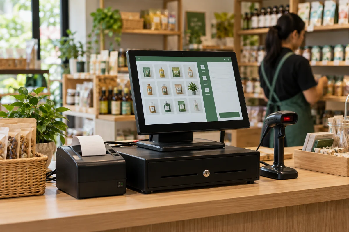 Visual janaan AI kaunter kedai dengan terminal POS, pengimbas dan pencetak resit generik