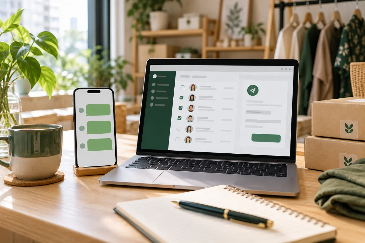 Visual janaan AI telefon dan laptop untuk ilustrasi pengurusan mesej pelanggan