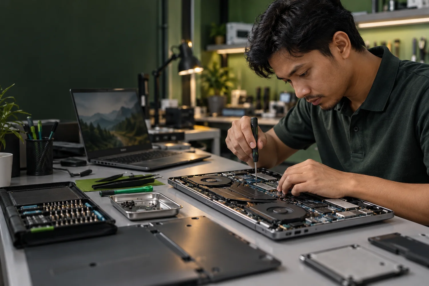 Ilustrasi juruteknik membaiki laptop