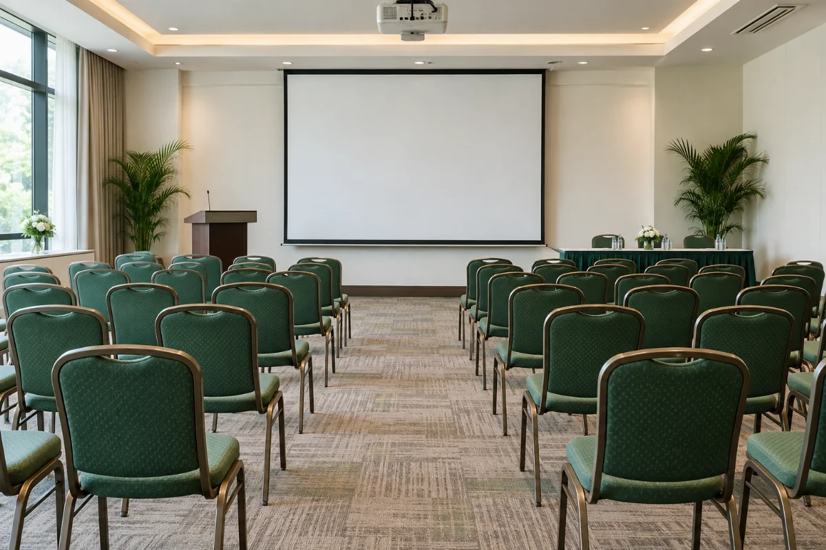 Gambar janaan AI ruang seminar dengan kerusi dan skrin pembentangan